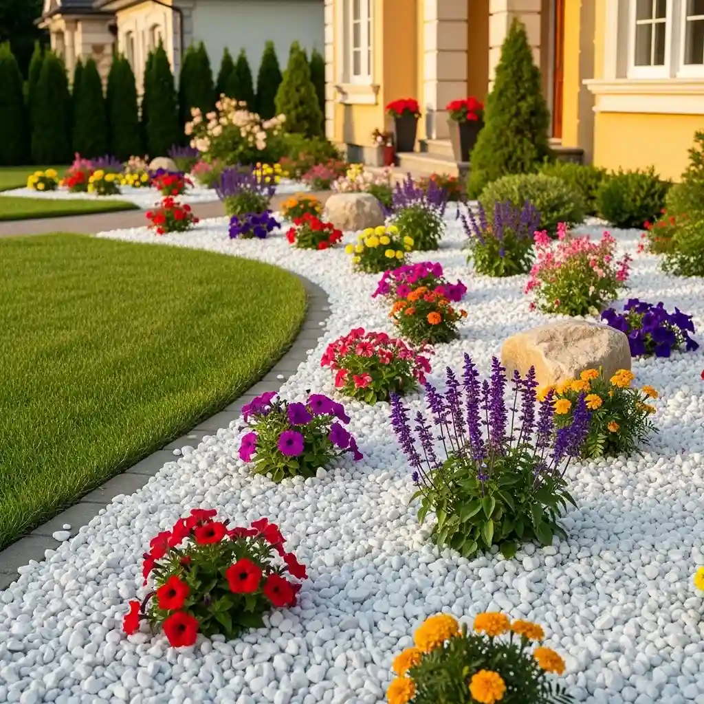22 Flower Beds in Front of House White Stone Mulch Flower Bed