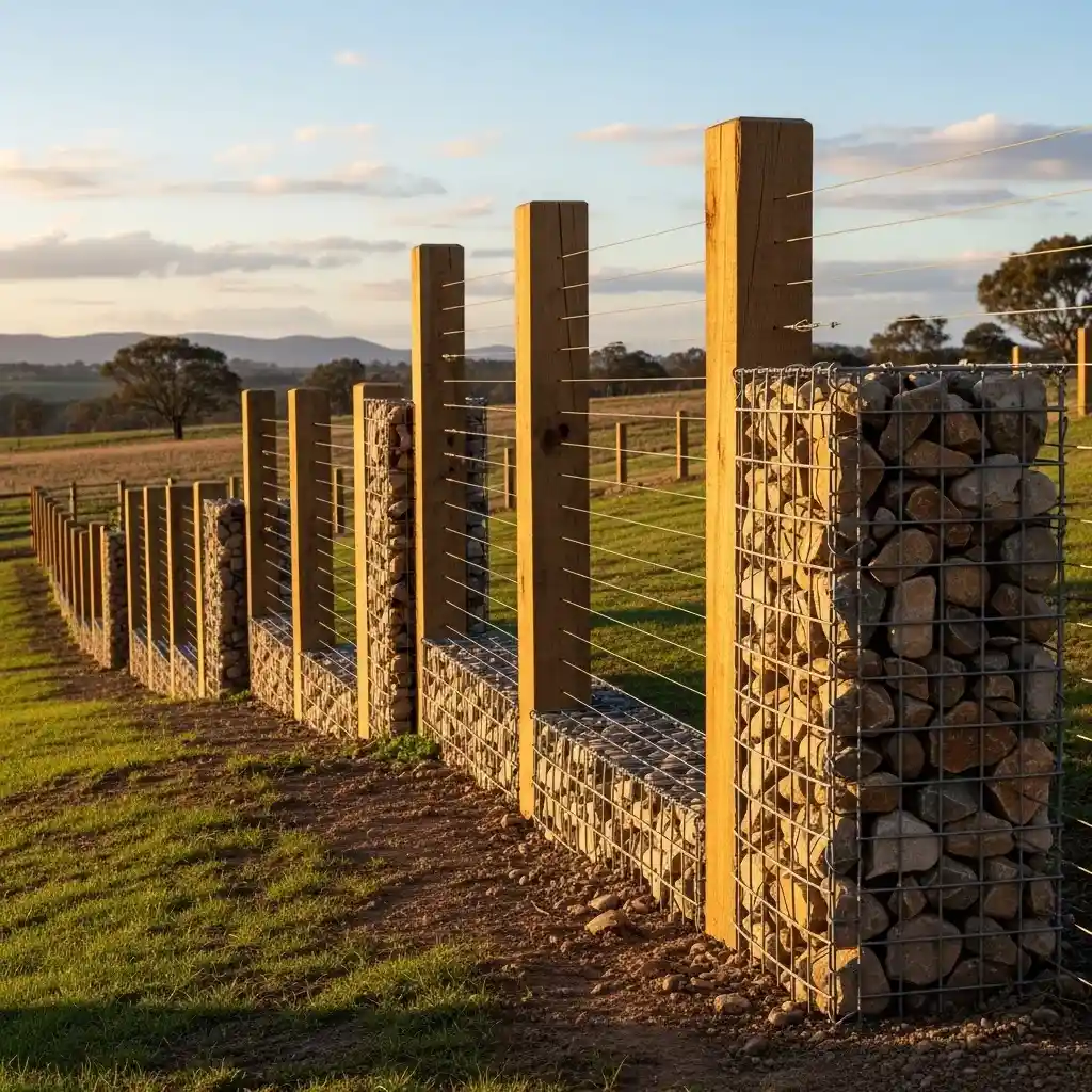 11 Gabion and Timber Post Wire Fence Combination