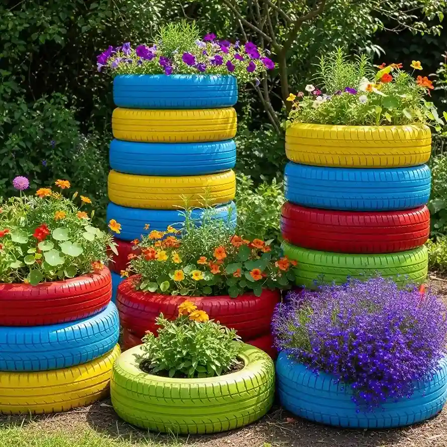15 Old Tyres as Colourful Garden Planters