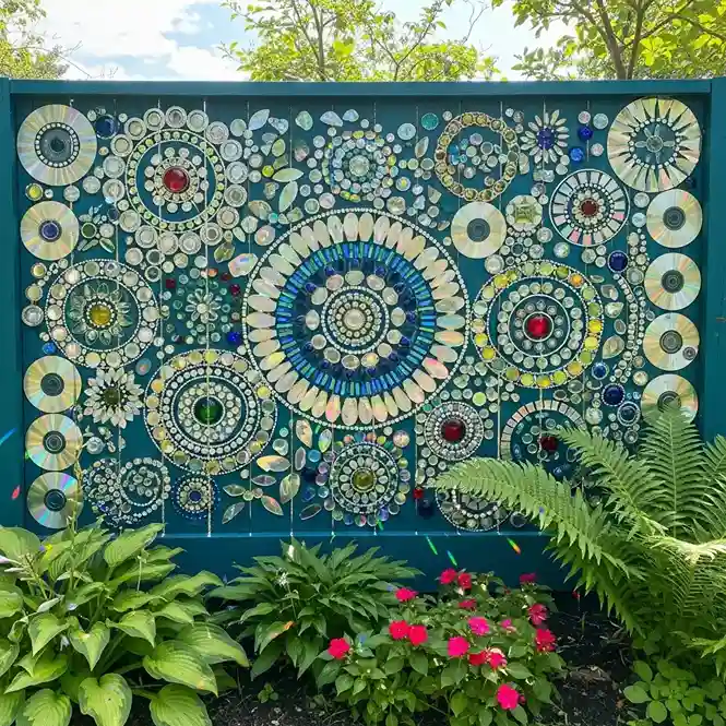 16. Recycled CD and Glass Jewel Fence Art