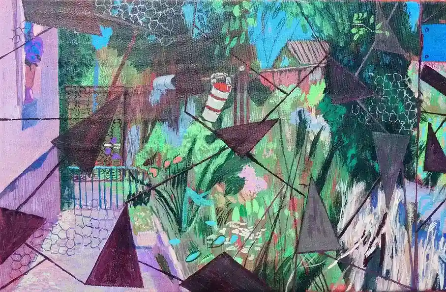 5. Geometric Painted Fence Art