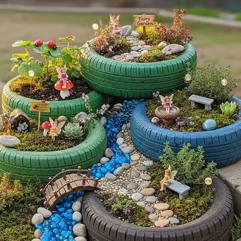 9 Tire Fairy Garden Feature