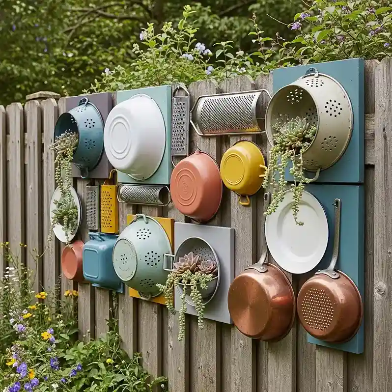 9. Fence Art with Repurposed Kitchen Items