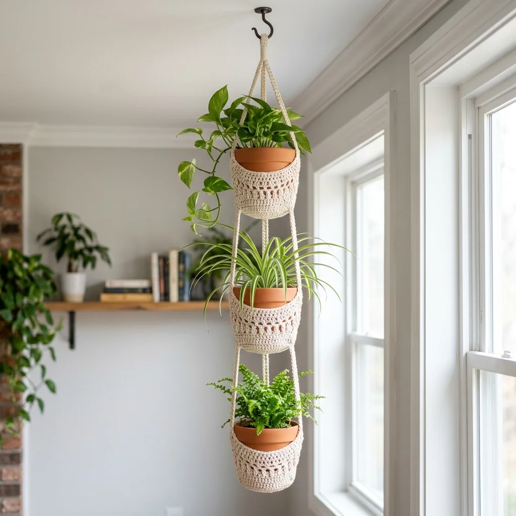 9. Triple Pot Crochet Plant Hanger